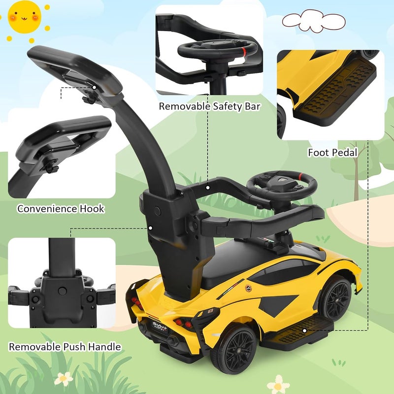 INFANS 3 in 1 Ride on Push Car, Licensed Lamborghini Baby Stroller Sliding Walking with Parent Control Handle, Music, Headlight, Under Seat Storage, Kids Foot-to-Floor Toy for 18-60 Months (Yellow) - Image 3